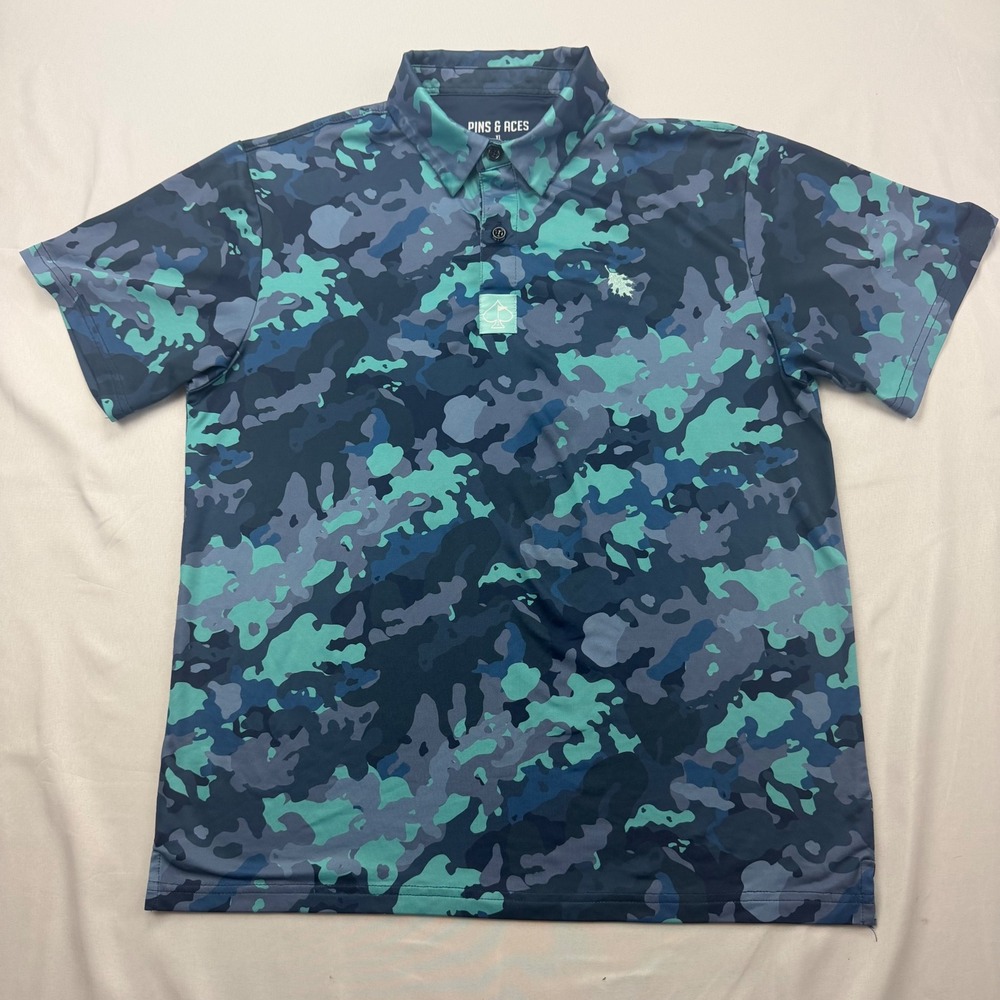 Pins & Aces Polo Shirt Kids XL Blue Camo Performance Golf Short Sleeve Top